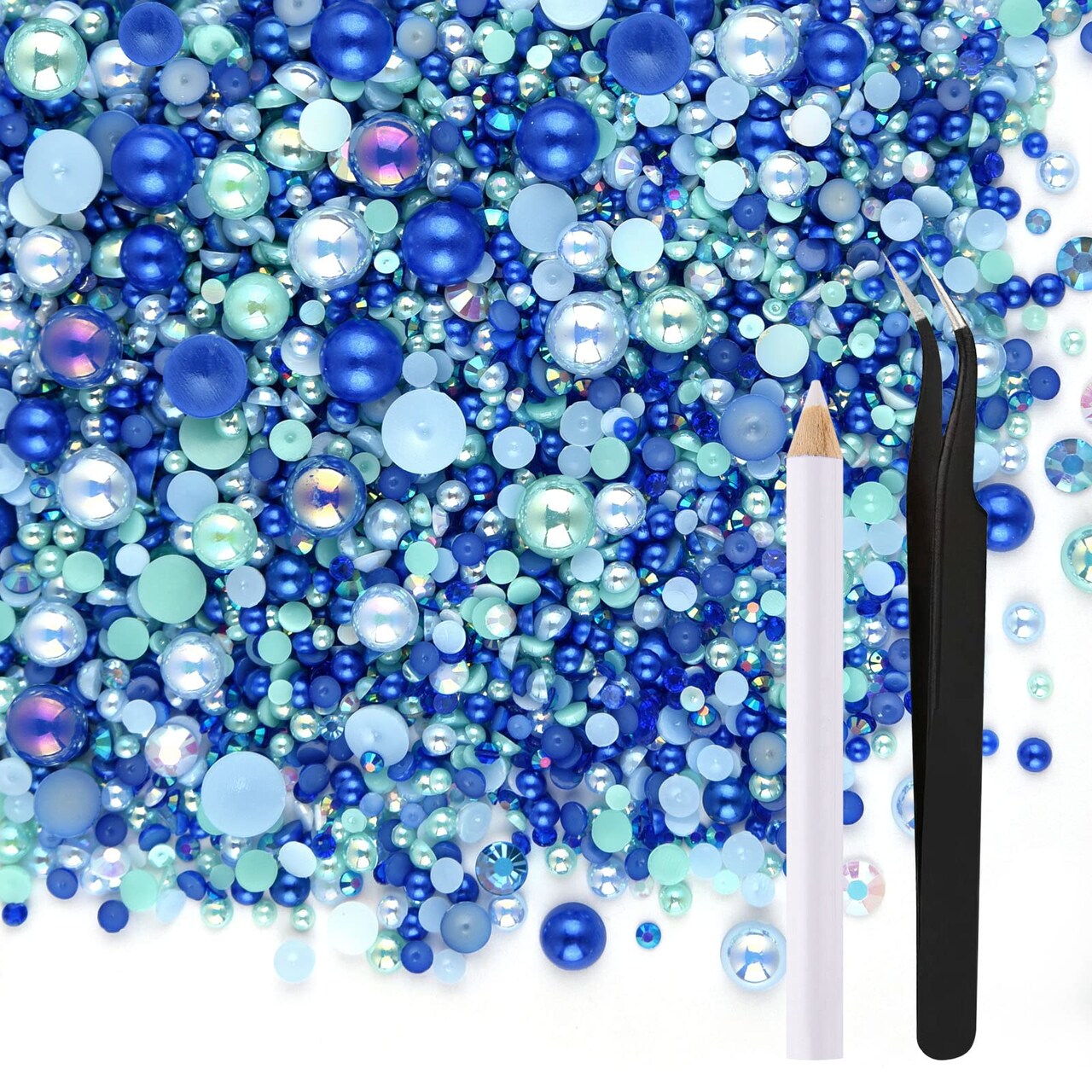 50g Mix Flatback Rhinestones Half Pearls for Crafts Mixed Size 3mm-10mm Flat Back Rhinestones for Crafts Flatback Pearls for DIY Tumblers Mugs Nail Art Shoes Clothes (Blue Series)